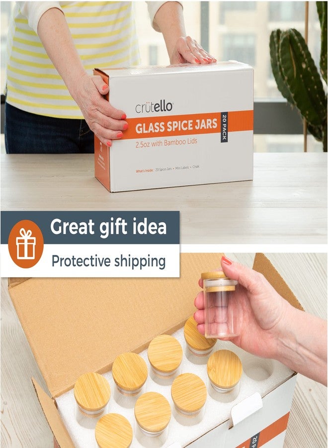 Crutello عبوة كروتيلو من 20 برطمان زجاجي صغير للتوابل سعة 2.5 أونصة مع أغطية من الخيزران، عبوات توابل، برطمانات توابل، برطمانات آمنة للغسل في غسالة الصحون للتوابل والعسل والفاصوليا والأرز، هدايا الحفلات - Image 4